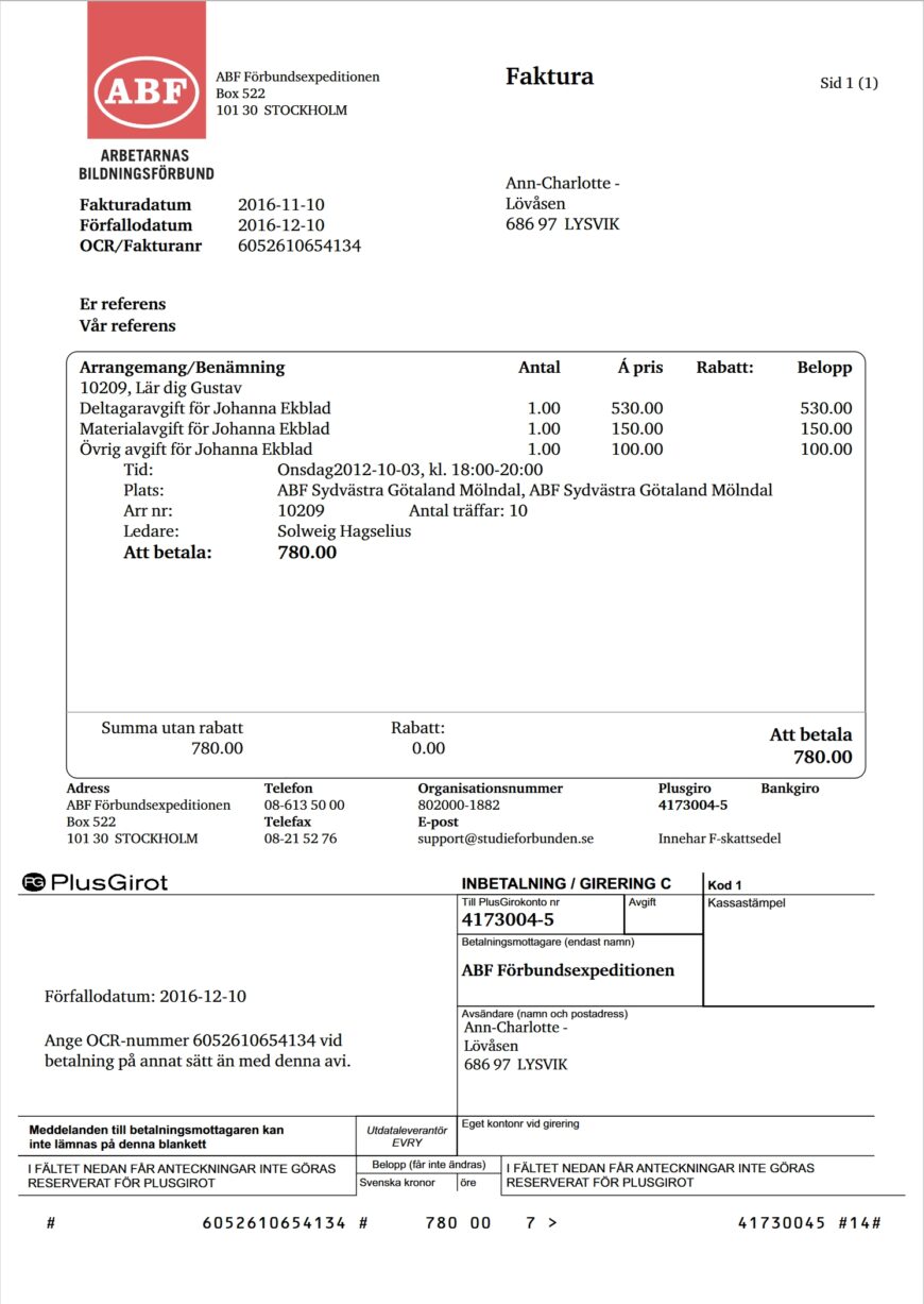 Sweden ABF Course Invoice Word And PDF Template 6 Pages