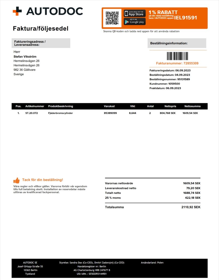 Sweden AUTODOC Invoice Word And PDF Template