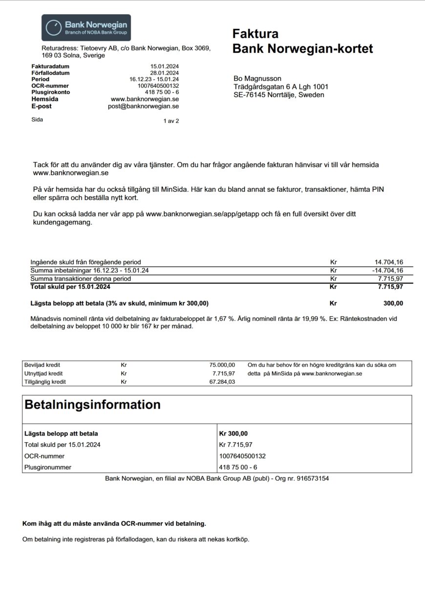 Sweden Bank Norwegian Credit Card Statement Template in word and pdf format 2 Pages
