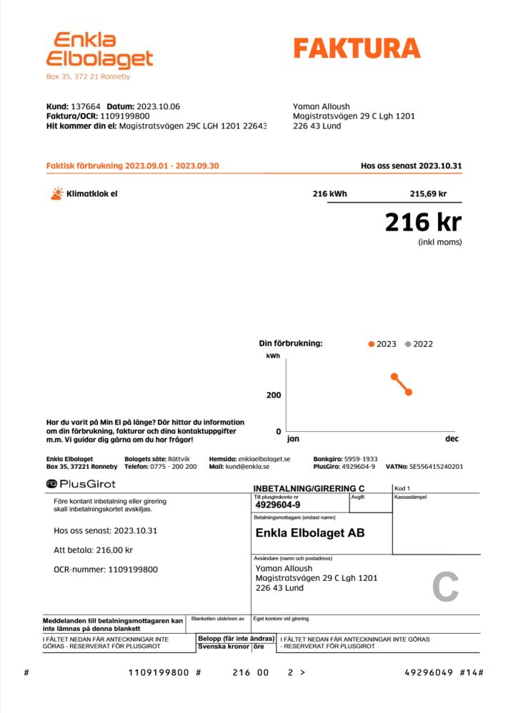 Sweden Enkla Elbolaget Electricity Bill Word And PDF Template