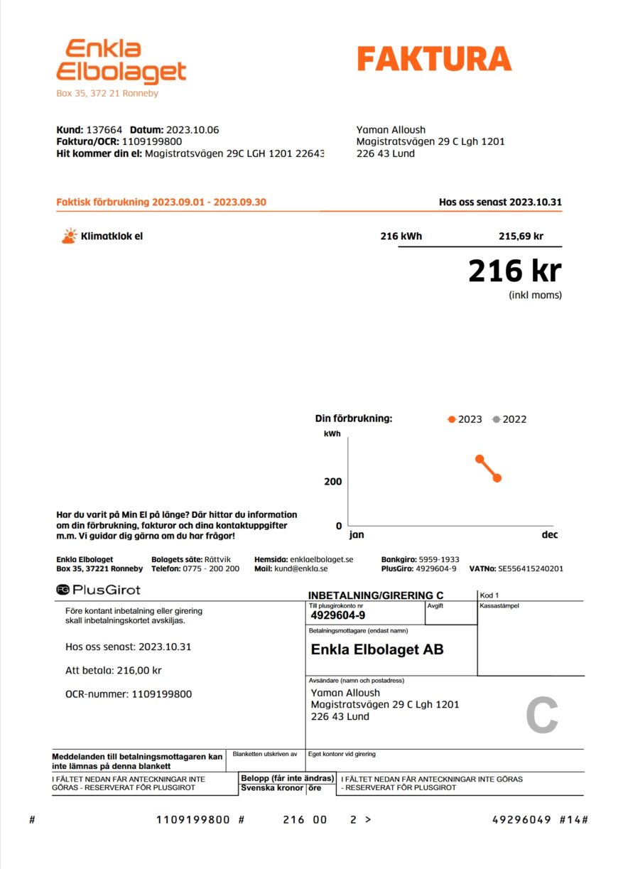 Sweden Enkla Elbolaget Electricity Bill Word And PDF Template