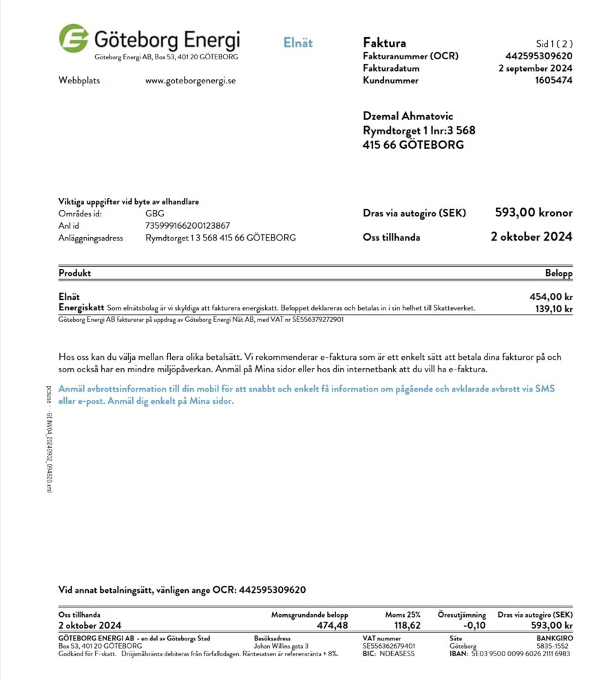 Sweden Goteborg Energi Electricity Invoice Word And PDF Template 2 Pages