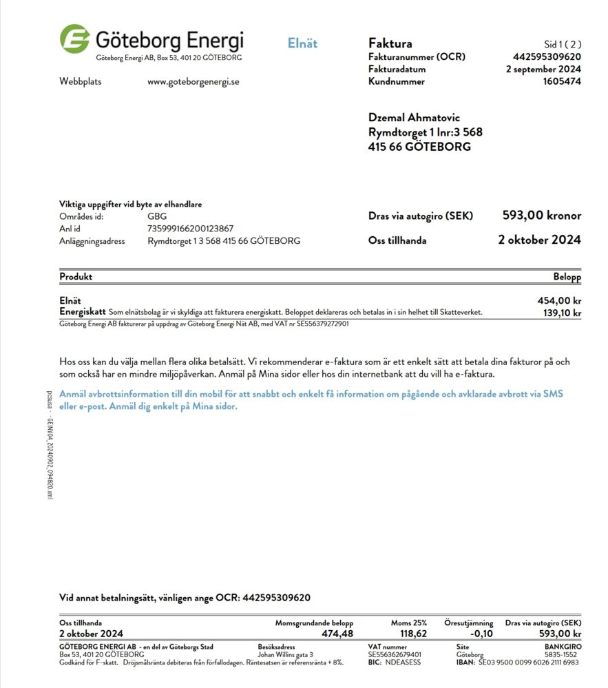 Sweden Goteborg Energi Electricity Invoice Word And PDF Template 2 Pages