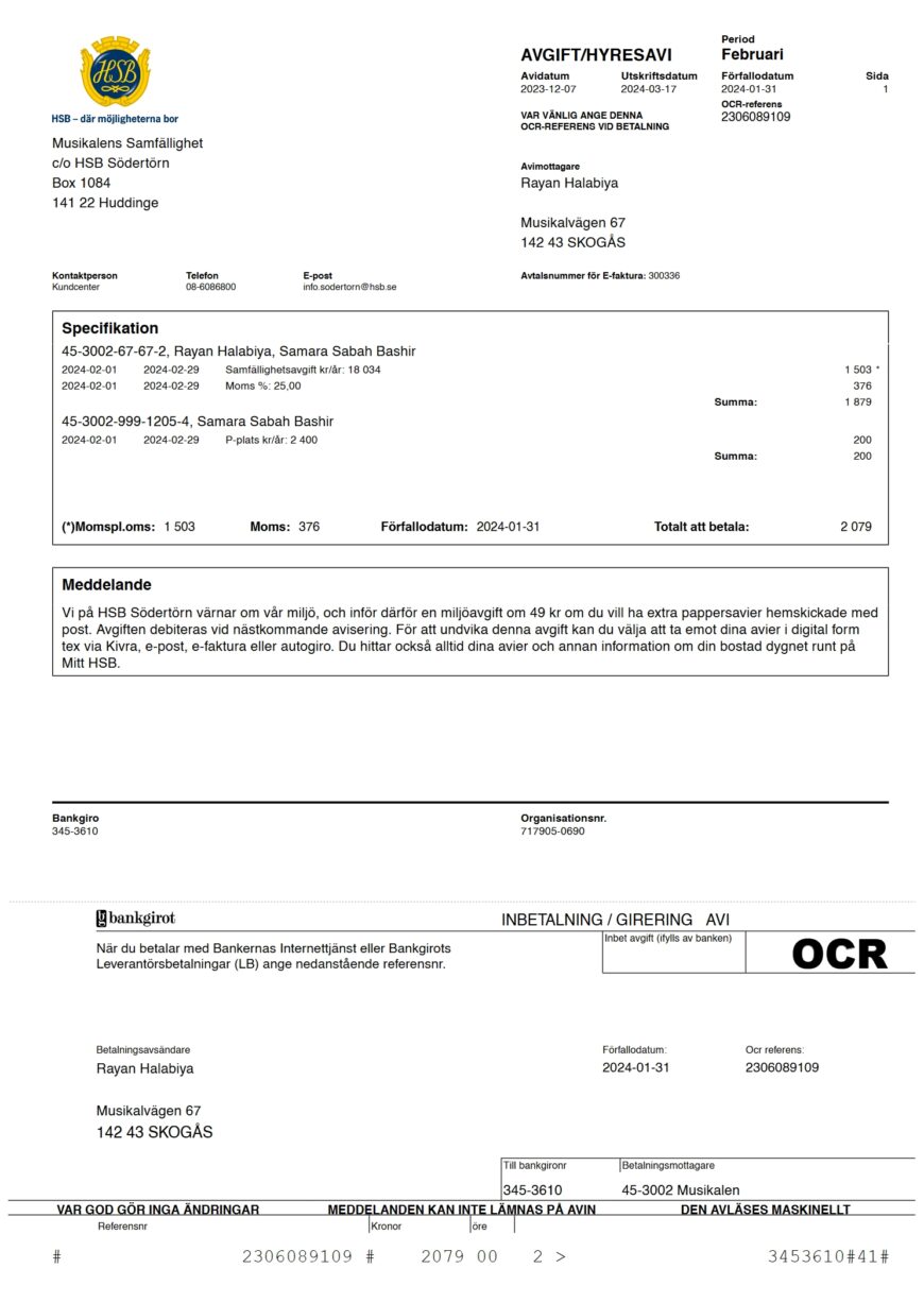 Sweden HSB Sodertorn Rent Invoice Word And PDF Template