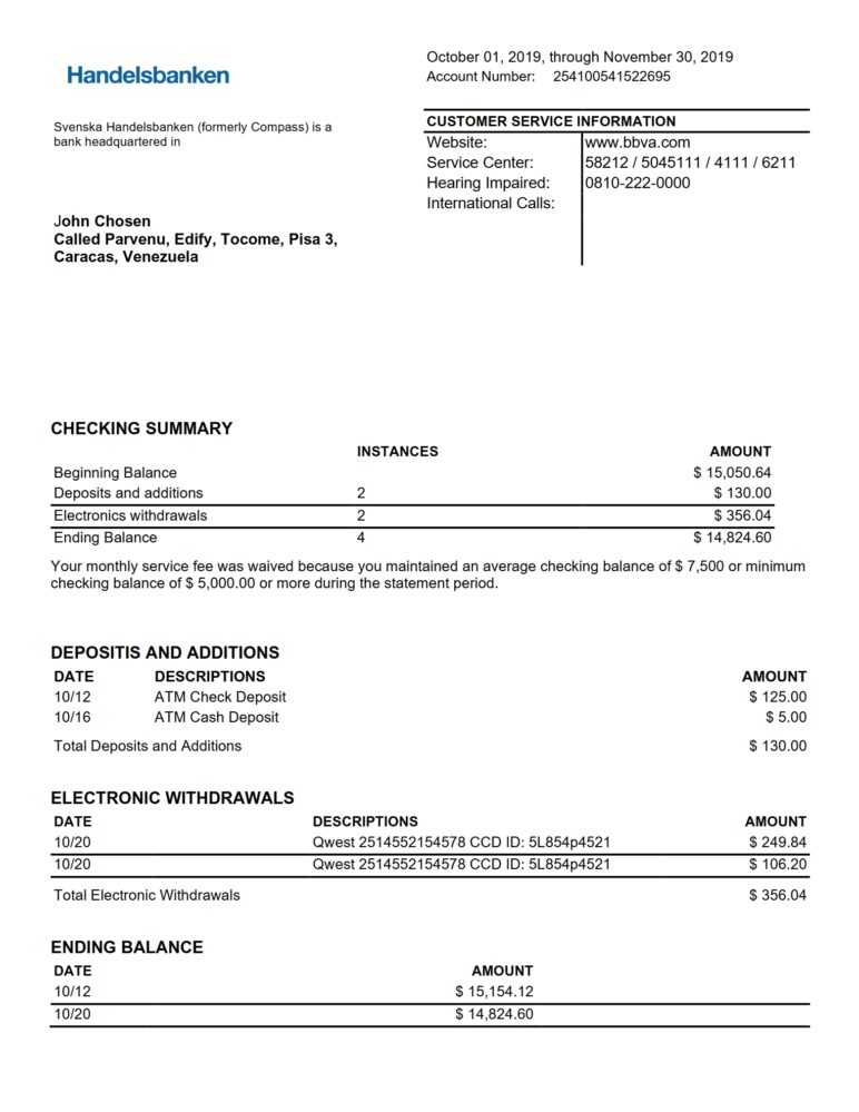 Sweden Handelsbanken Bank Statement Word and PDF Template