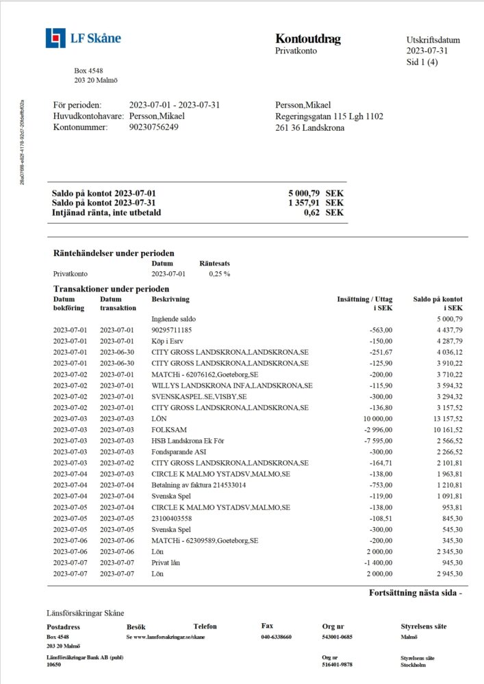 Sweden Lansforsakringar Bank Account Statement Word And PDF Template 4 Pages