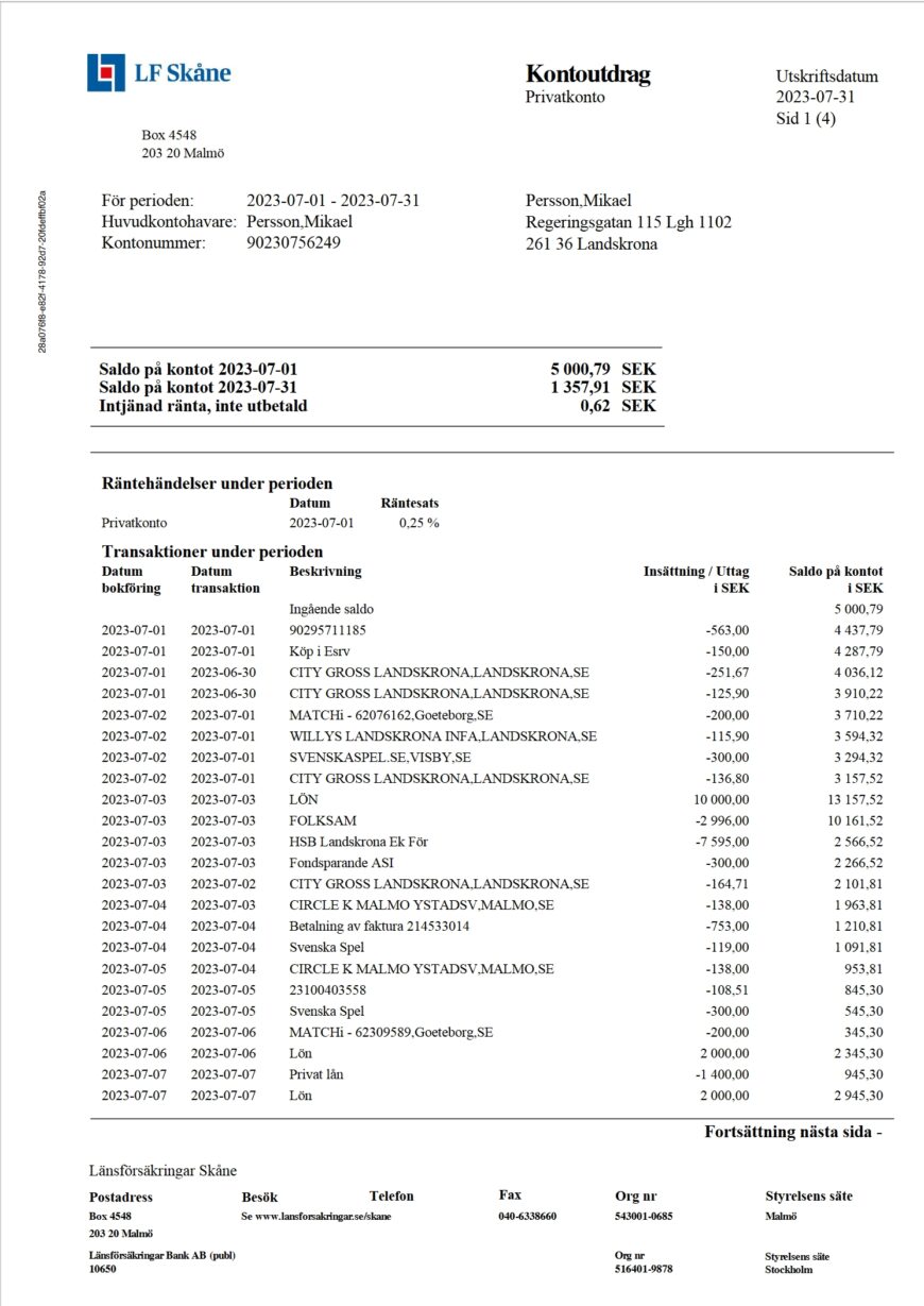 Sweden Lansforsakringar Bank Account Statement Word And PDF Template 4 Pages