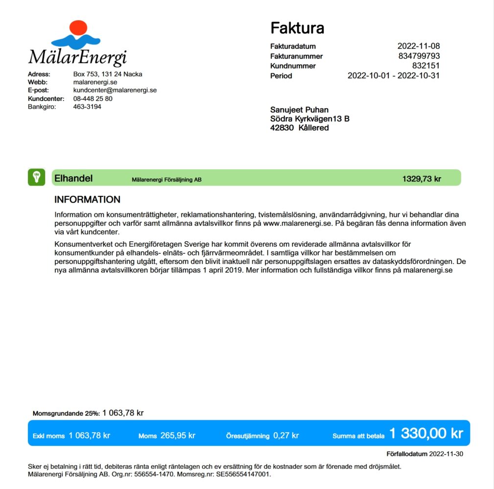 Sweden Malarenergi Elhandel Invoice Word And PDF Template 2 Pages