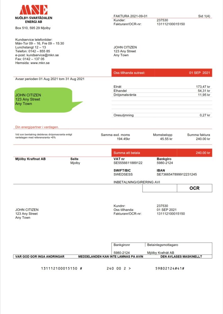 Sweden Mjolby Kraftnat AB Electricity Invoice Word And PDF Template