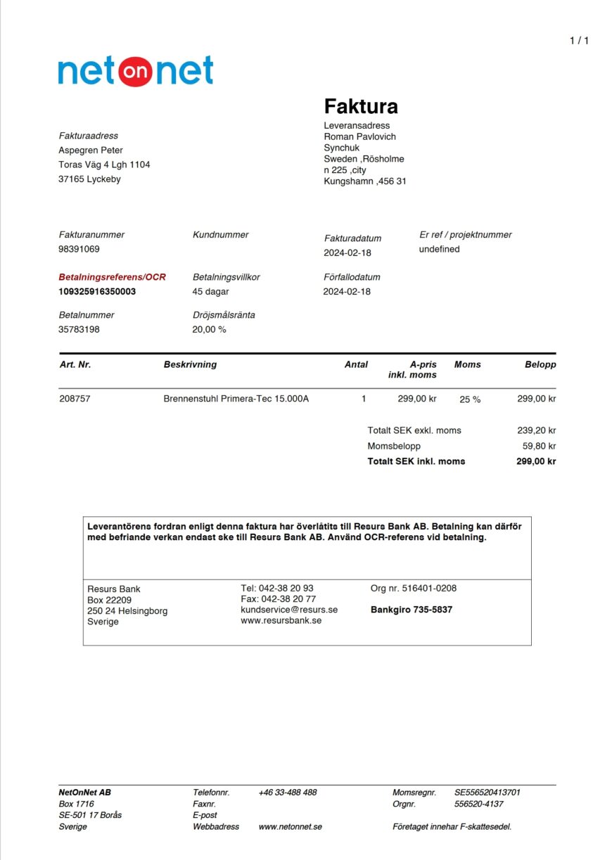 Sweden NetOnNet Invoice Word And PDF Template
