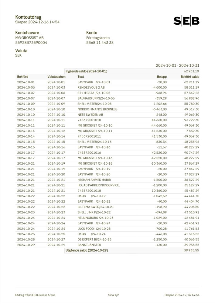 Sweden SEB Business Bank Statement Word And PDF Template 2 Pages