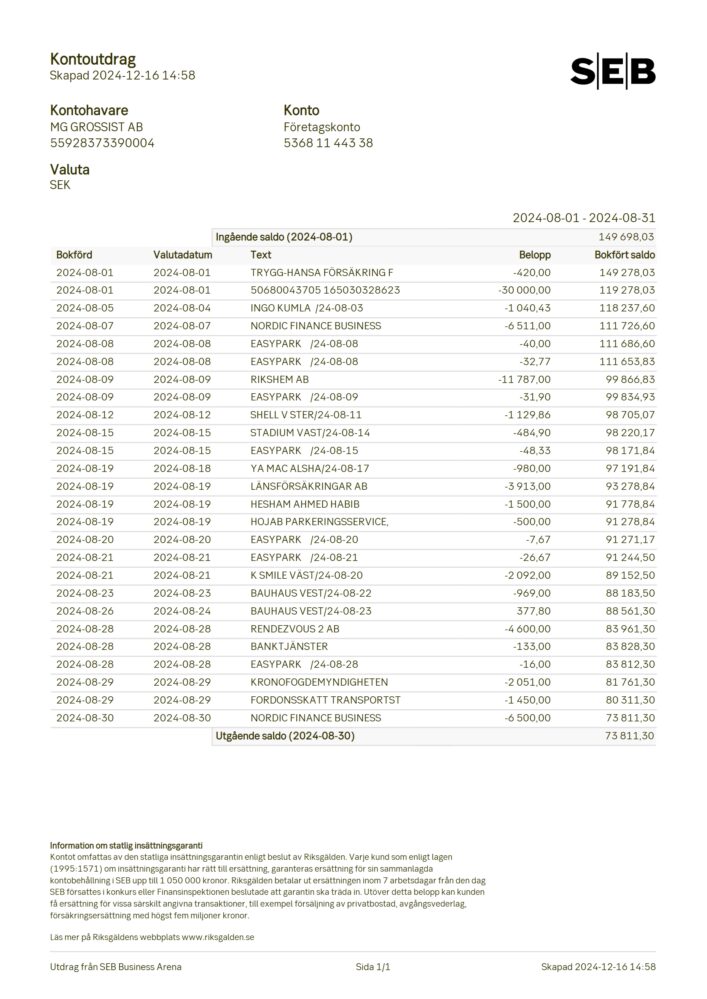 Sweden SEB Corporate Account Statement Word And PDF Template