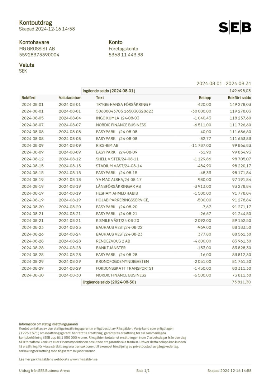 Sweden SEB Corporate Account Statement Word And PDF Template