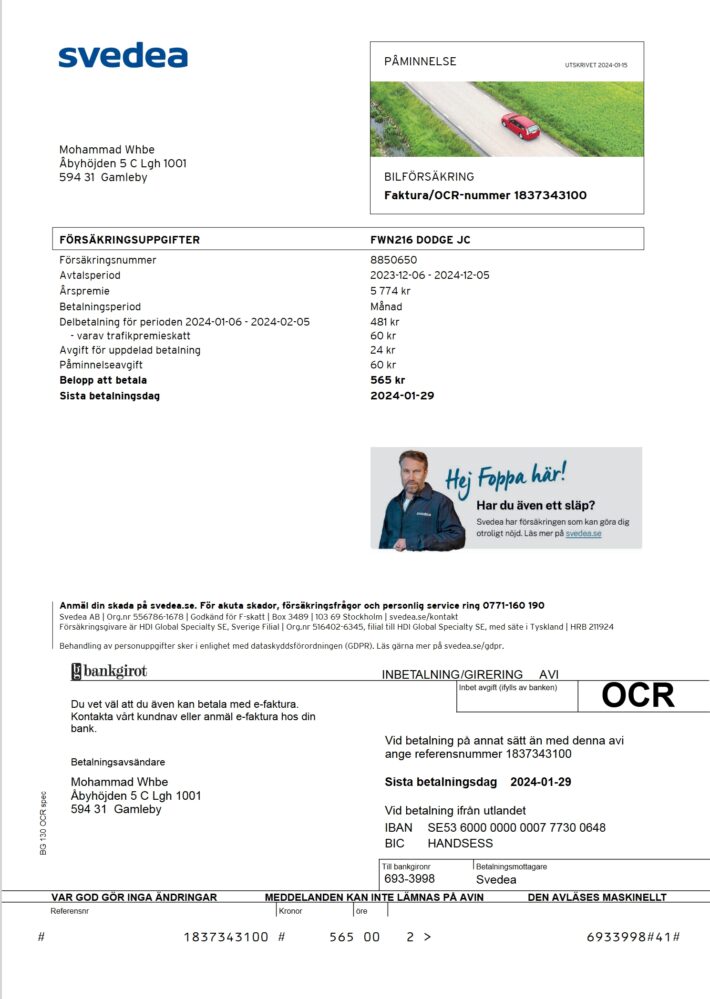 Sweden Svedea Car Insurance Invoice Word And PDF Template