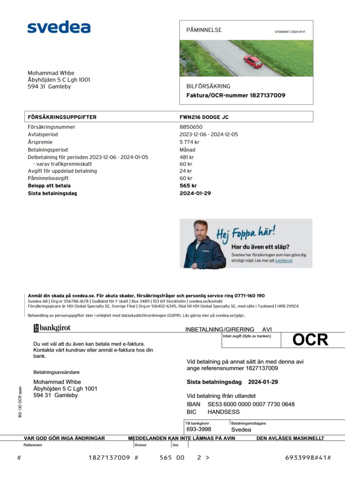 Sweden Svedea Car Insurance Premium Reminder Word and PDF Template