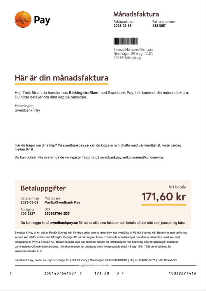 Sweden Swedbank Pay Monthly Invoice Word And PDF Template 2 Pages