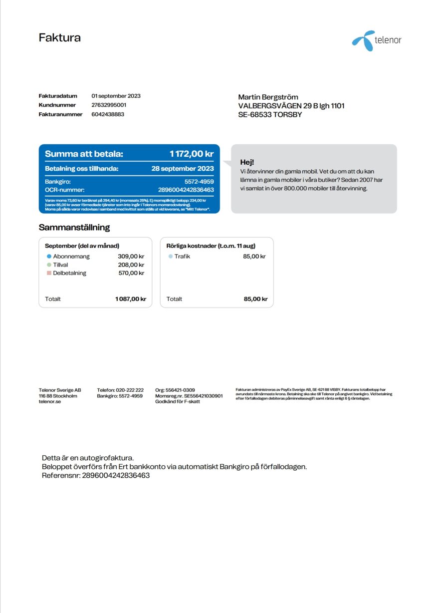 Sweden Telenor Mobile Invoice Word And PDF Template 2 Pages