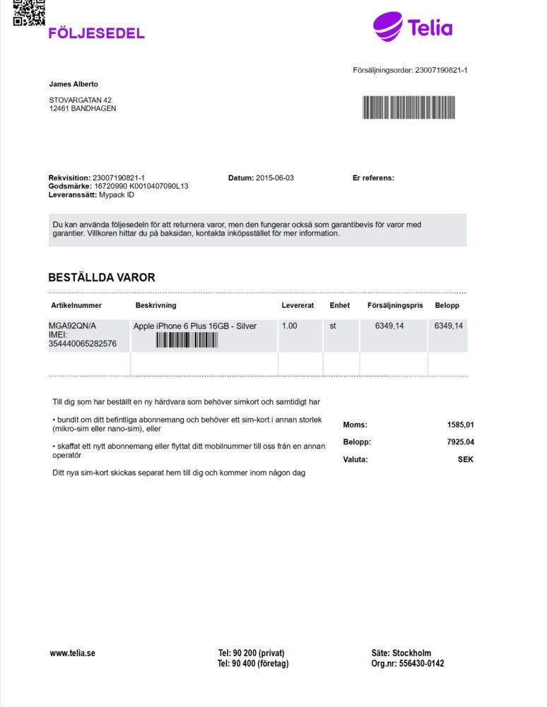 Sweden Telia Delivery Note Word And PDF Template