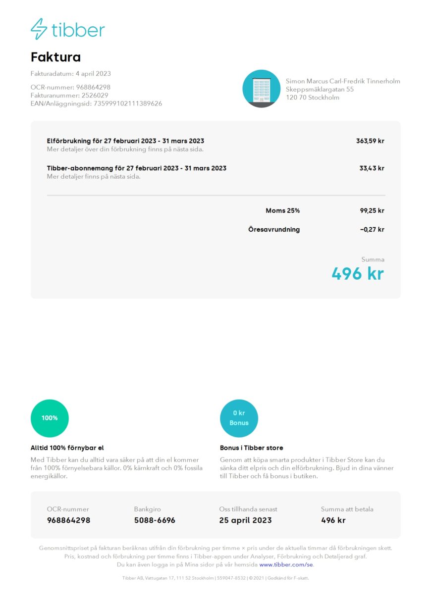 Sweden Tibber Electricity Invoice Word And PDF Template 3 Pages