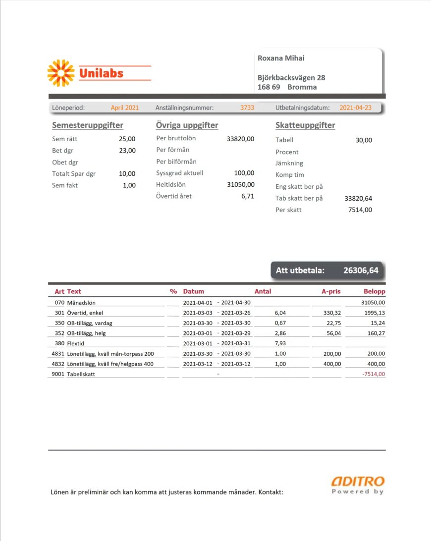 Sweden Unilabs Payslip Word And PDF Template