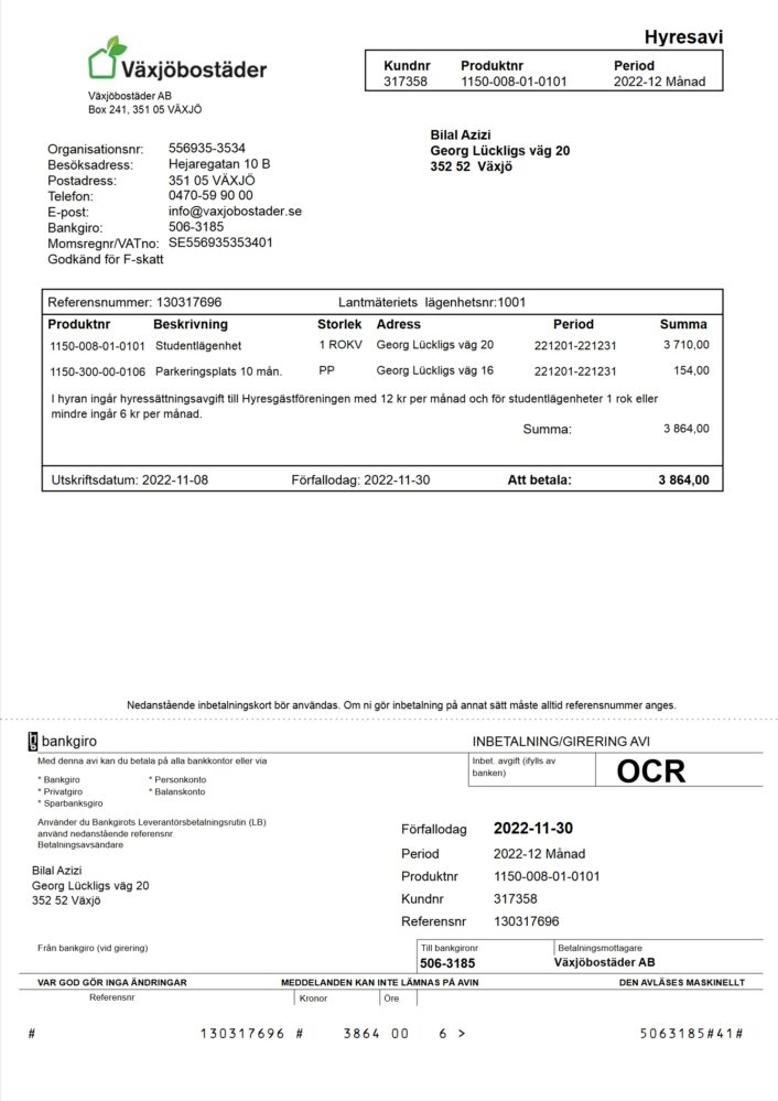 Sweden Vaxjobostader Rent Invoice Word And PDF Template