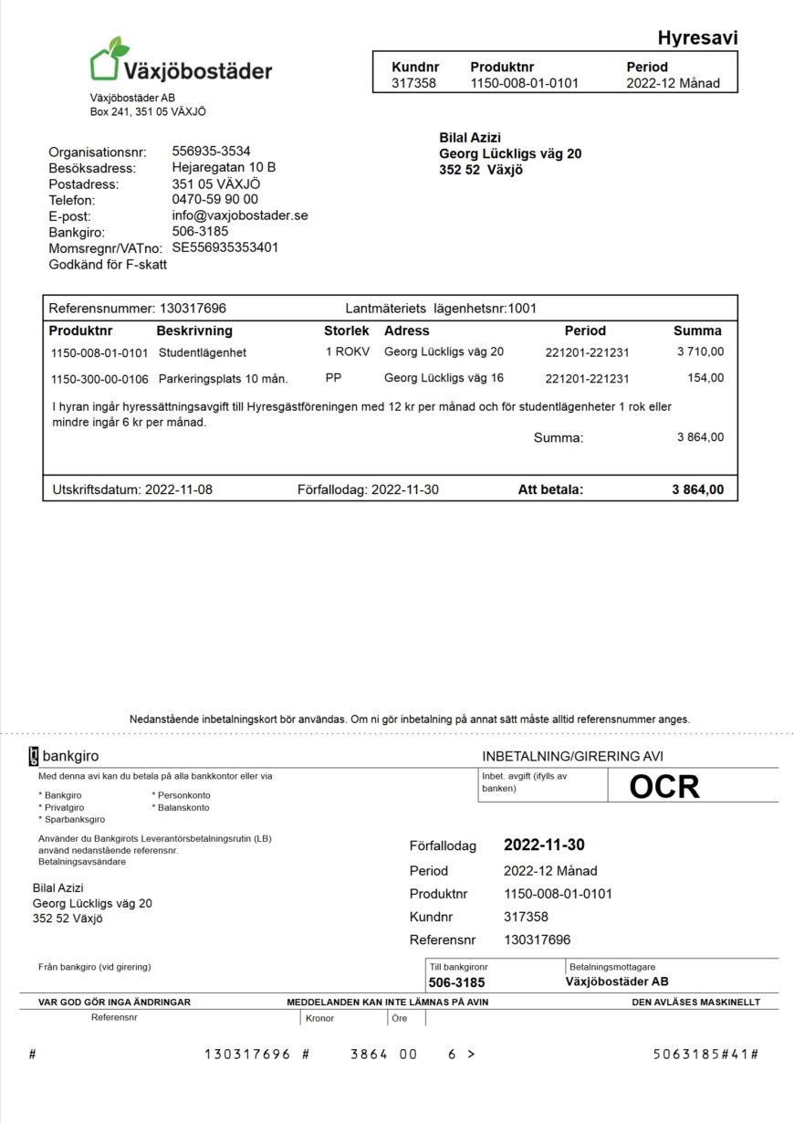 Sweden Vaxjobostader Rent Invoice Word And PDF Template