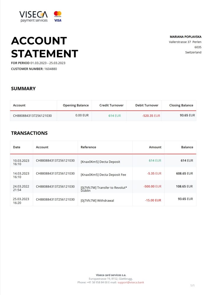 Switzerland Viseca Credit Card Statement Word And PDF Template