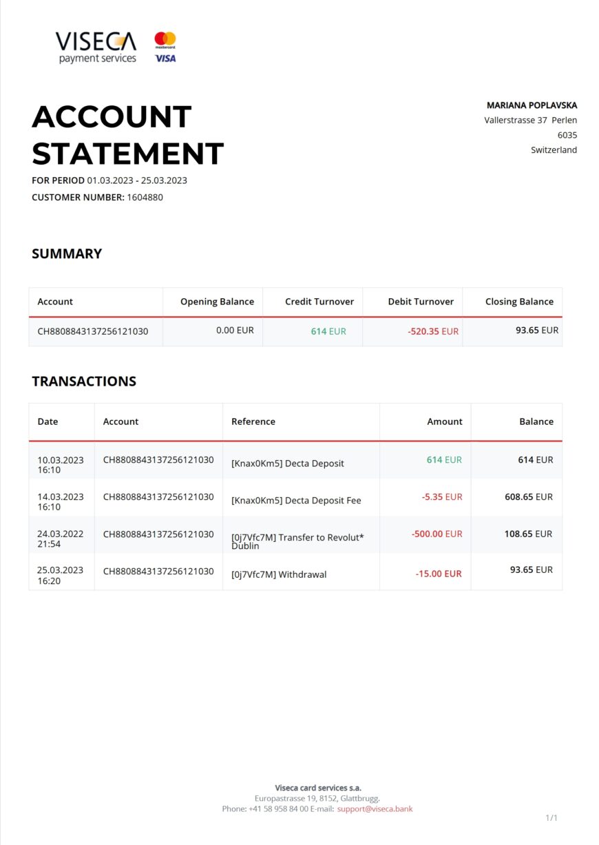 Switzerland Viseca Credit Card Statement Word And PDF Template