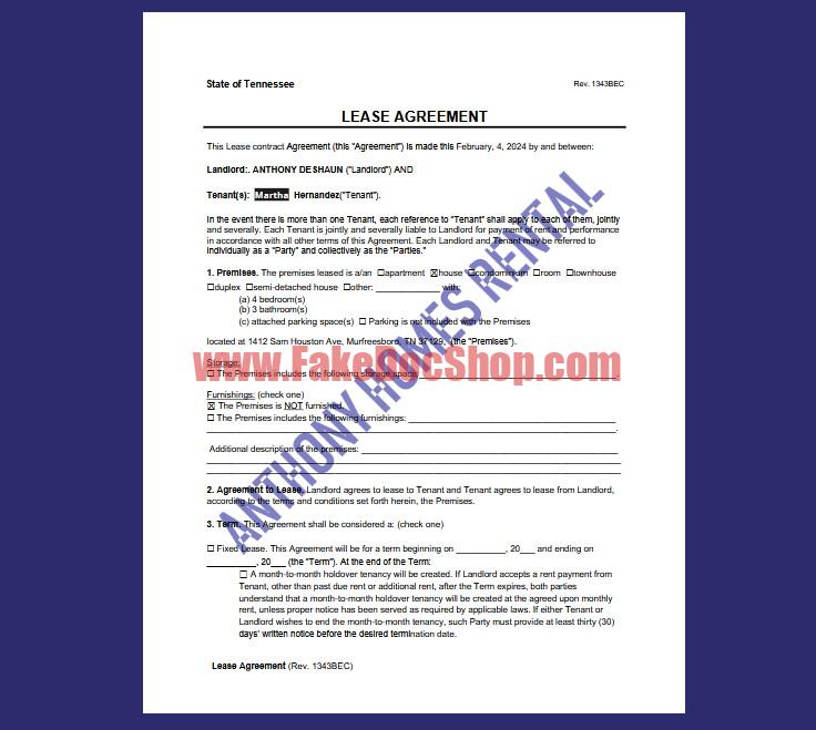 Tennessee Monthly Rental Template in Word And PDF Format