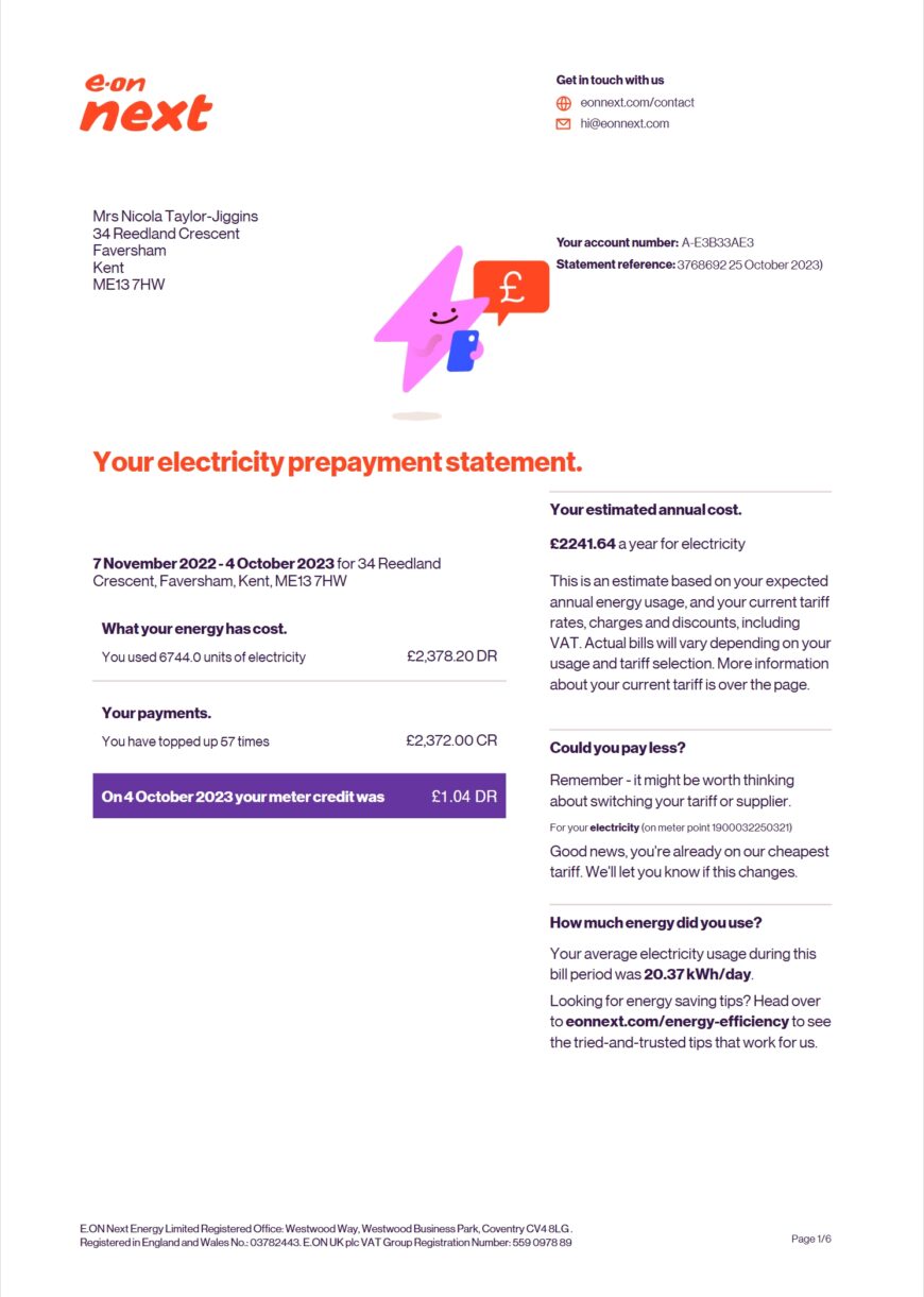 UK E.ON Next Electricity Prepayment Statement Word And PDF Template 6 Pages