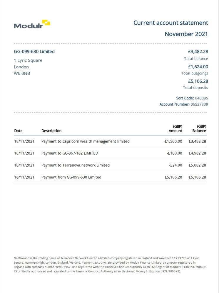 UK Modulr Bank Statement Word And PDF Template