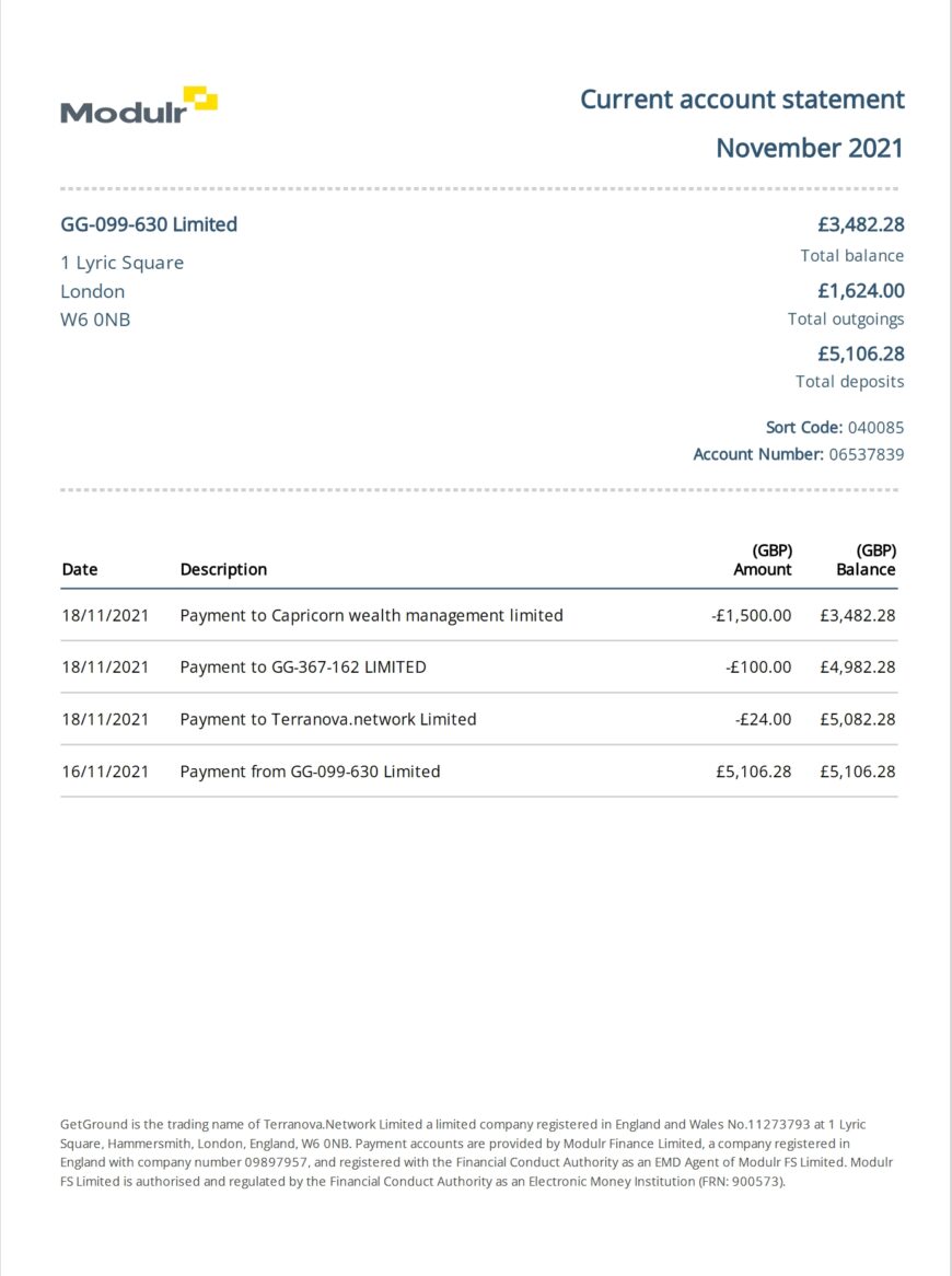 UK Modulr Bank Statement Word And PDF Template