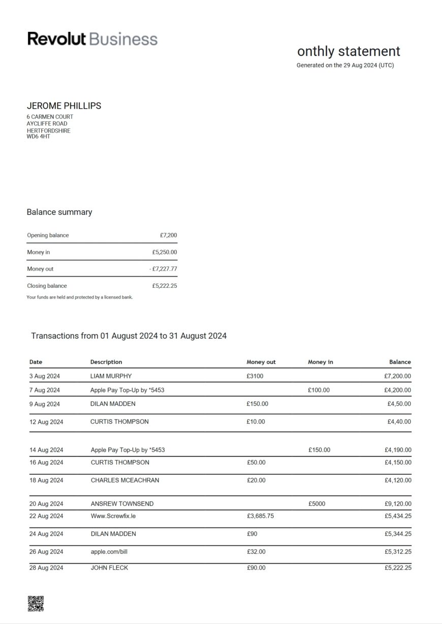 UK Revolut Business Bank Statement Word And PDF Template 3 Pages