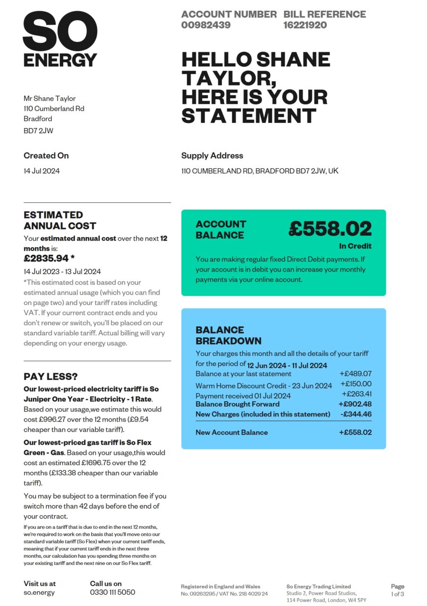 UK So Energy Utility Bill Word And PDF Template 3 Pages