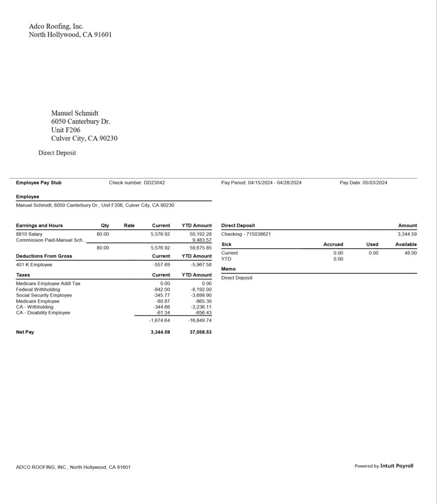 USA Adco Roofing Paystub Word And PDF Template 6 Pages