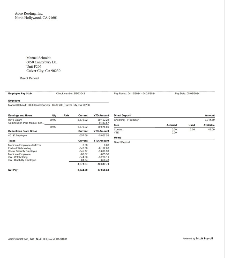 USA Adco Roofing Paystub Word And PDF Template 6 Pages