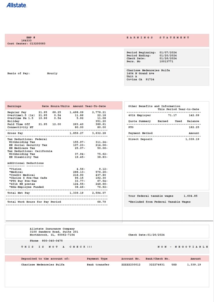 USA Allstate Pay Stub Word And PDF Template 2 Pages