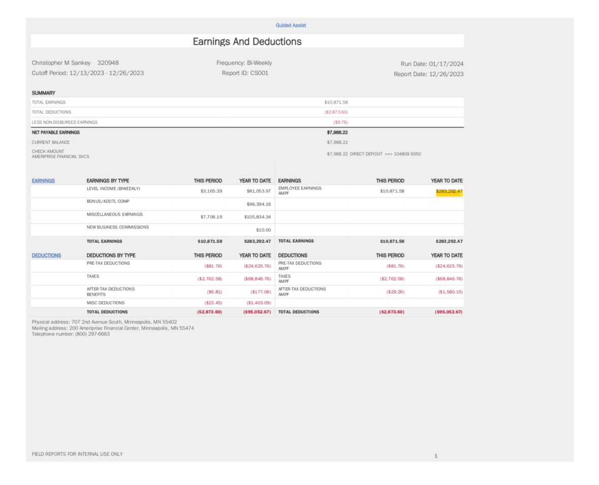 USA Ameriprise Financial PayStub Word and PDF Template