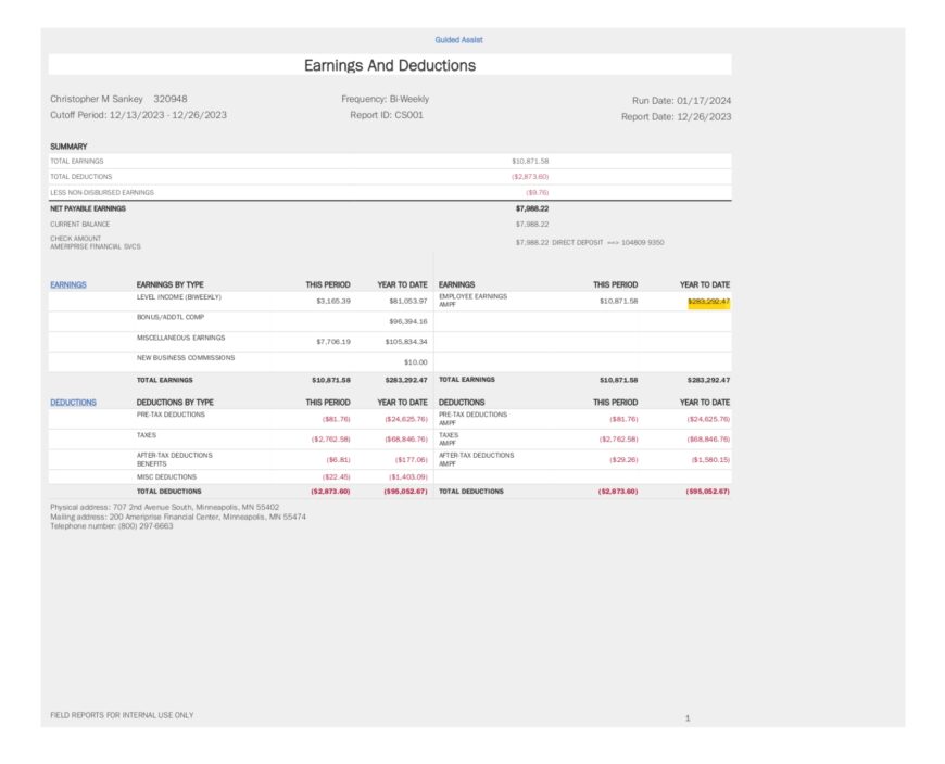 USA Ameriprise Financial PayStub Word and PDF Template