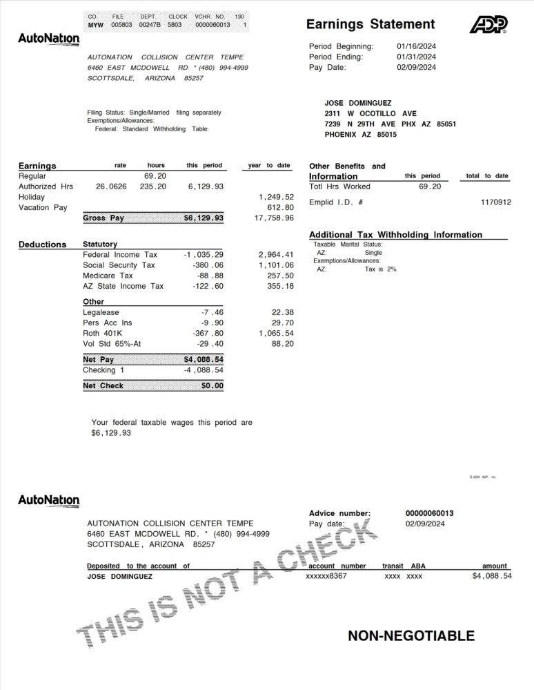 USA AutoNation PayStub Word and PDF Template 4 Pages