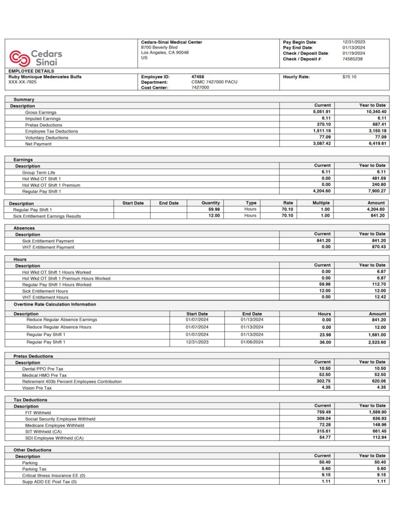 USA Cedars Sinai Medical Center PayStub Word And PDF Template 4 Pages