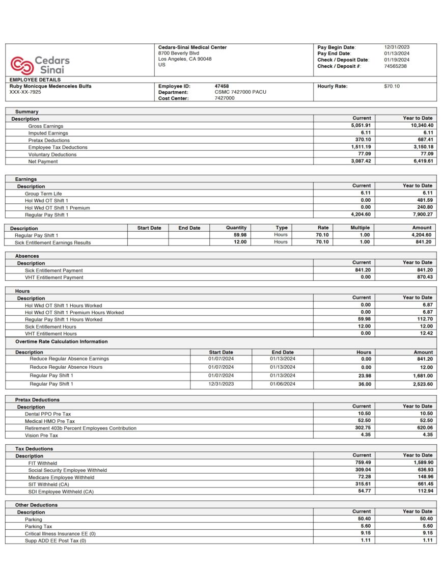USA Cedars Sinai Medical Center PayStub Word And PDF Template 4 Pages