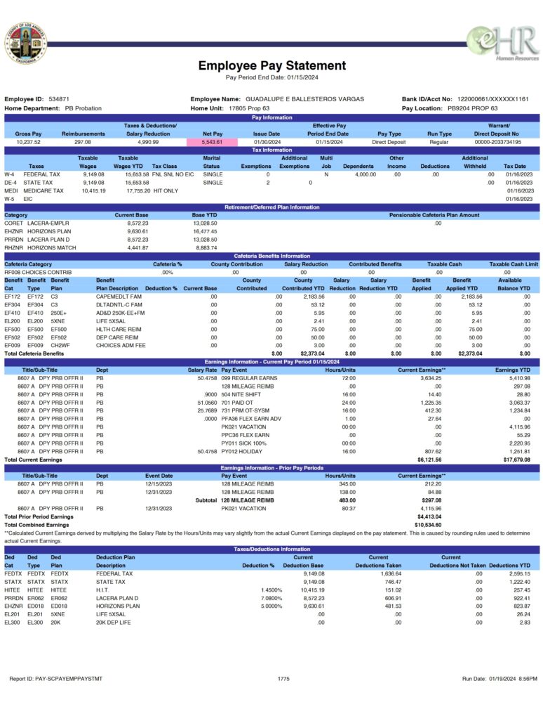 USA County of Los Angeles PayStub Word and PDF Template 8 Pages