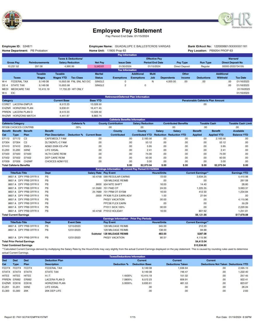 USA County of Los Angeles PayStub Word and PDF Template 8 Pages
