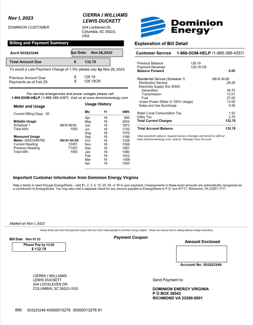 USA Dominion Energy Electricity Bill Word And PDF Template