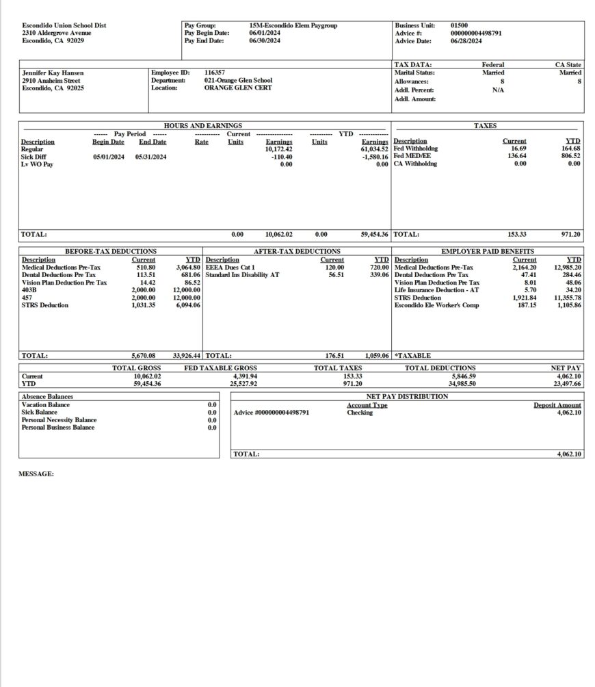 USA Escondido Union School District PayStub Word and PDF Template