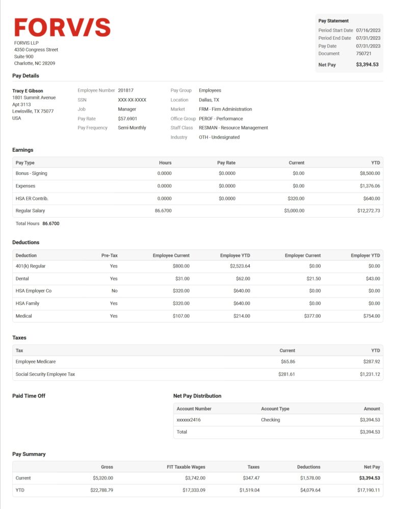 USA FORVIS LLP PayStub Word And PDF Template