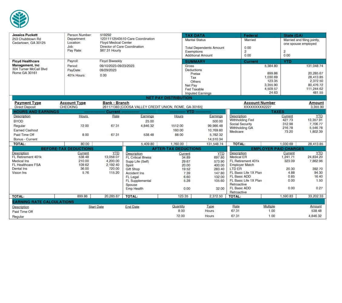 USA Floyd Healthcare Management Inc PayStub Word and PDF Template 2 Pages