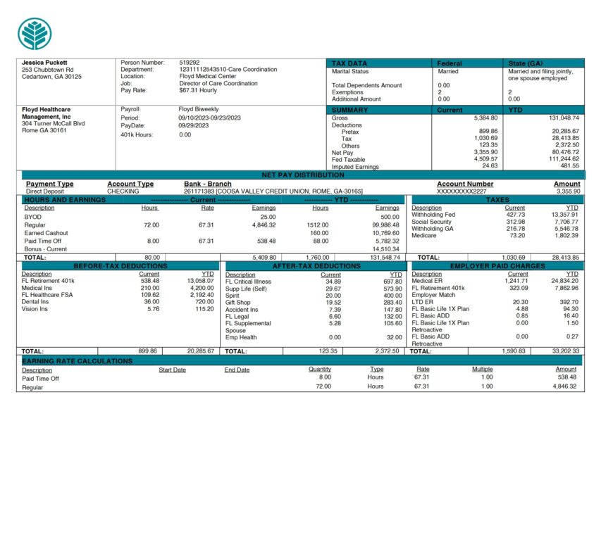 USA Floyd Healthcare Management Inc PayStub Word and PDF Template 2 Pages