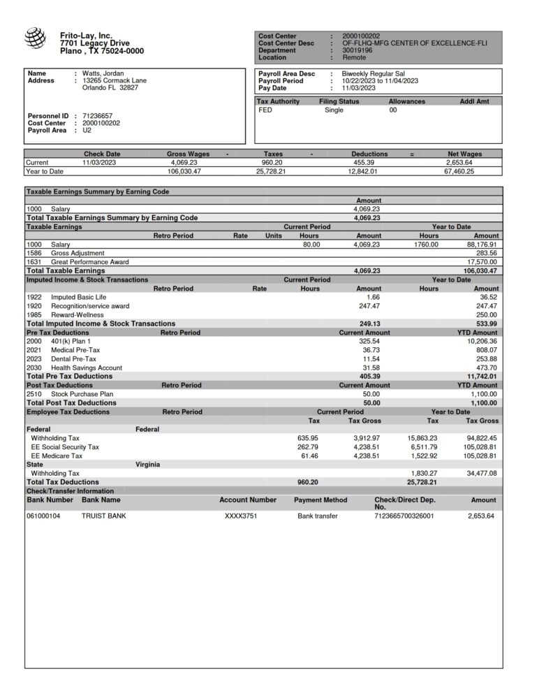 USA Frito Lay Paystub Word And PDF Template